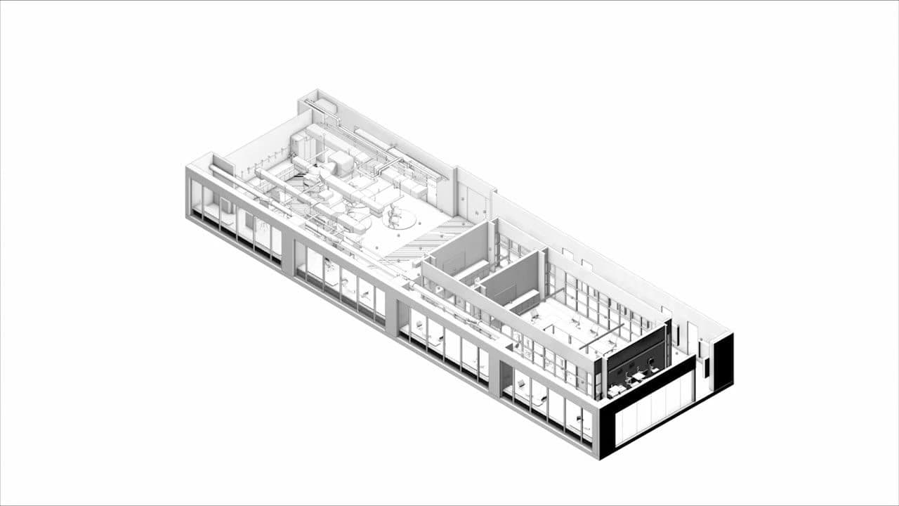 Maquette numérique BIM d'un plateau de bureaux, vue isométrique