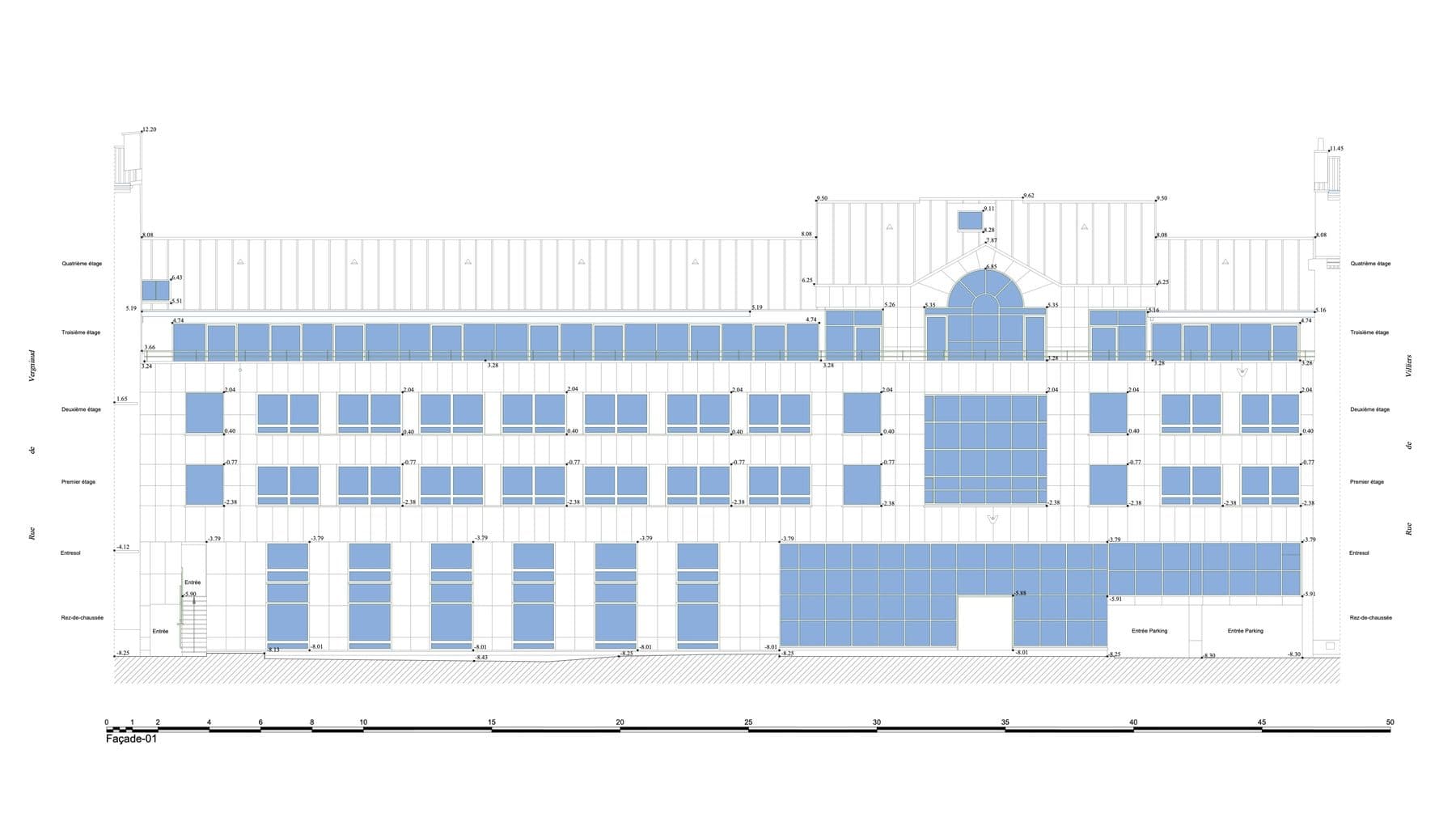 Plan de façade d'un immeuble de bureaux à Levallois